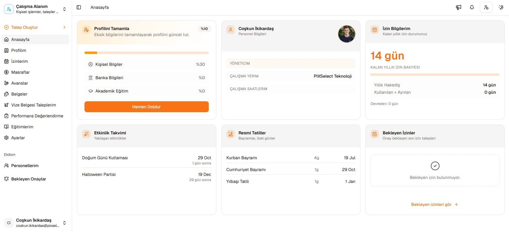 Hedef İK web uygulamasındaki kişisel çalışma alanı dashboard'u