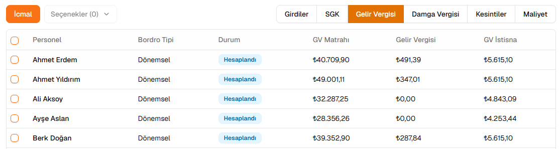 Bordro gelir vergisi ekranı